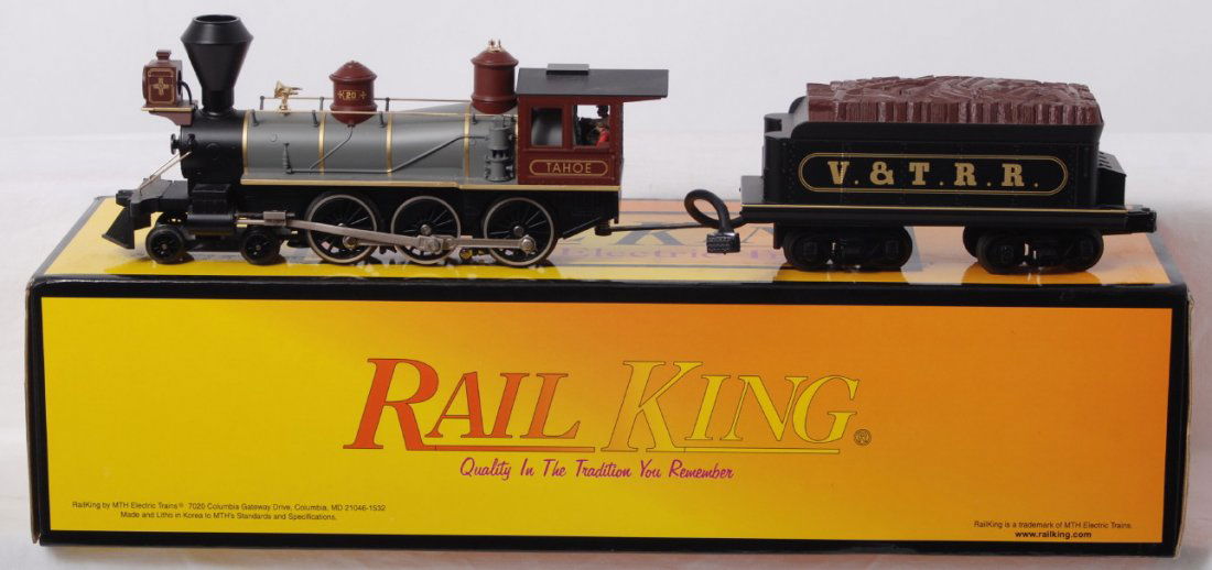 Railking Virginia & Truckee 4-6-0 with Proto 2: MTH Railking modern O gauge Virginia Truckee 4-6-0 steam locomotive in OB. Catalog number is 30-1278-1. Loco features Protosound 2.0, DCS control, Protosmoke, Protocoupler, and more. Loco is C8 with r