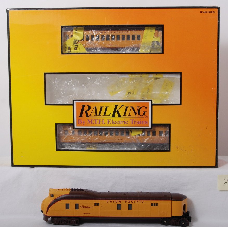 Railking Union Pacific M10000 set with Proto 2.0: MTH Railking modern O gauge 30-2197-1 Union Pacific M10000 set in OB. Set features Protosound 2.0, DCS control, and more. Loco and cars are C8 condition with run time.