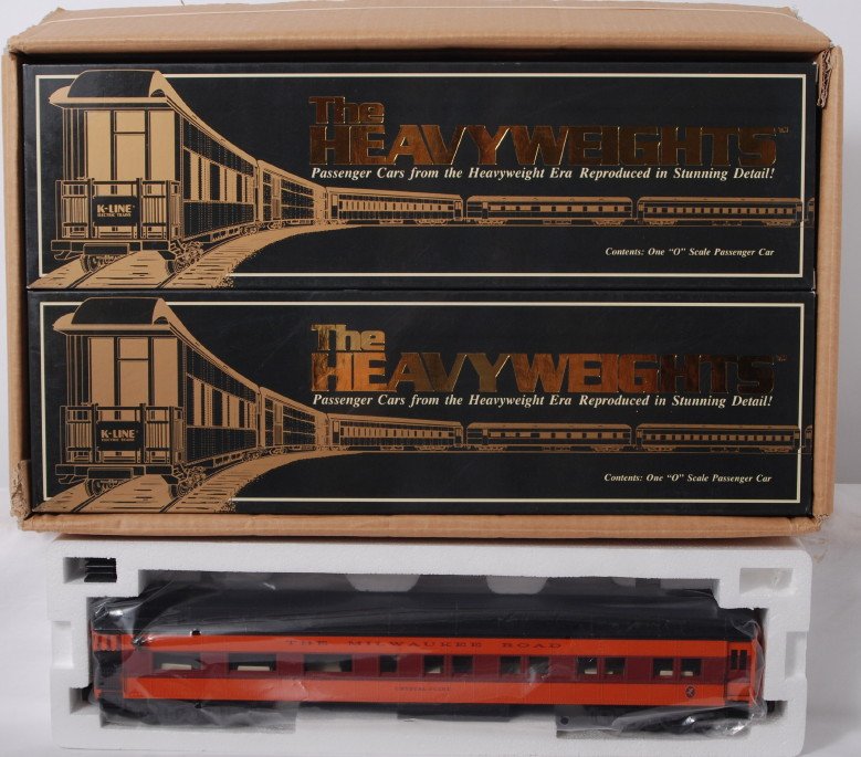 6 K Line Milwaukee Road heavyweight passenger cars: K Line modern O gauge Milwaukee Road heavyweight passenger car set in OB. Includes K4443- 1822 RPO, 0001 diner, 0003 observation, 0002 sleeper, 1049 baggage, and 4180 coach. Cars are C9-10 with no maj