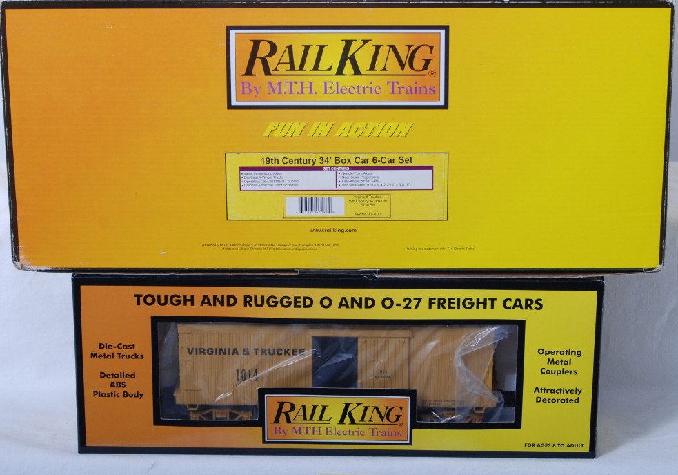 Railking 30-7030 V&T 19th century boxcar set: MTH Railking modern O gauge Virginia Truckee 30-7030 19th century boxcar six pack in OB. Cars are C8 with run time. Set box has light corner wear and marking stickers.