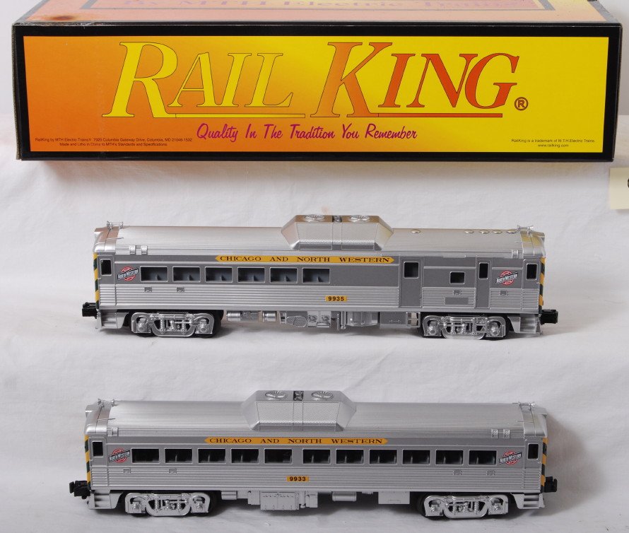 Railking Chicago and Northwestern Budd set with Pro: MTH Railking modern O gauge 30-2390-1 Chicago and Northwestern RDC Budd car set in OB. One power and one dummy unit. Powered unit features Protosound 2.0, DCS control, Protocoupler, and more. Set box 