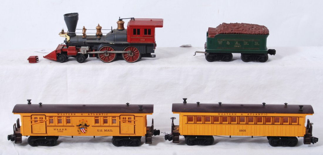 Lionel 1862, 1862T, 1865, 1866 Western and Atlanti: Postwar Lionel O gauge 1862 W.A.R.R. steam locomotive and 1862T tender with 1865 Western and Atlantic passenger coach, and 1866 baggage car. Loco has glue repaired cab corner, loose/broken headlight t