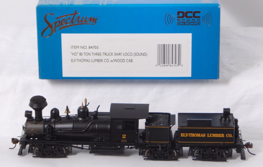 Bachmann Spectrum Ely Thomas shay with sound: Bachmann Spectrum modern HO 84703 Ely-Thomas Lumber Co. three truck shay in OB. Loco features DCC sound and is C8 condition with run time.