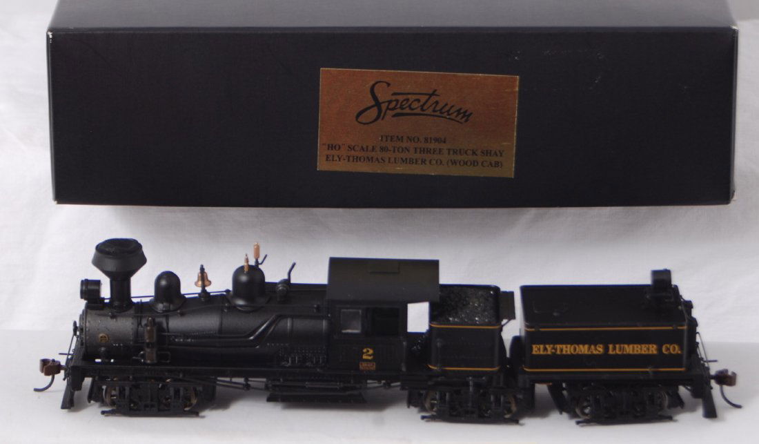 Bachmann Spectrum Ely Thomas shay: Bachmann Spectrum modern HO 81904 Ely-Thomas Lumber Co. three truck shay in OB. Loco is C8 condition with run time.