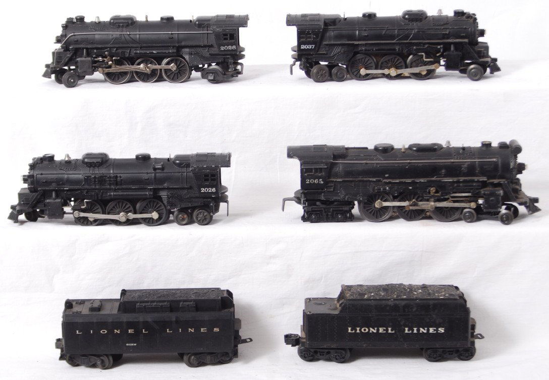 Lionel 2026, 2037, 2065, 2026, 6026W, tender: Postwar Lionel O gauge steam locomotives and tenders. 2026, 2037, 2065, and 2026 steam locomotives, 6026W whistle tender, and unnumbered tender. Trains look 5-6, 2037 is missing pilot steps.