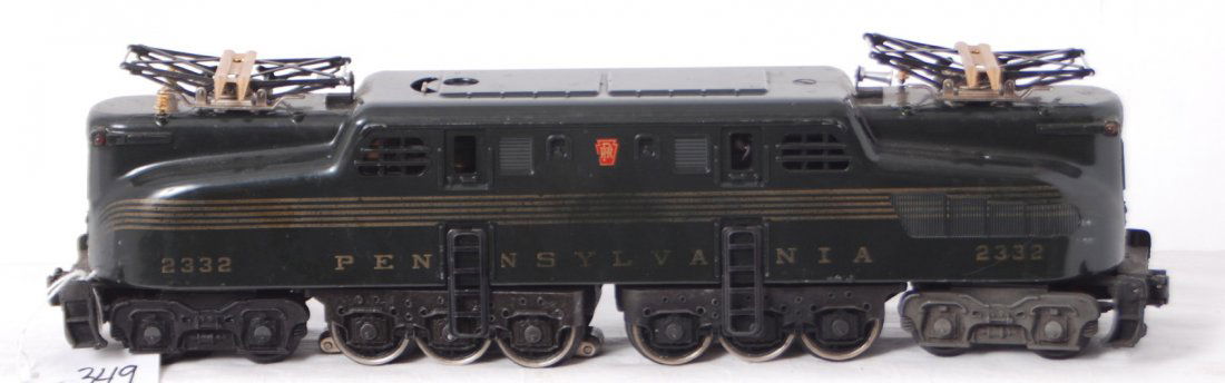 Lionel 2332 Pennsylvania 5-stripe GG-1 electric lo: Postwar Lionel O gauge 2332 Pennsylvania 5-stripe GG-1 electric locomotive with very strong striping and lettering, C7.