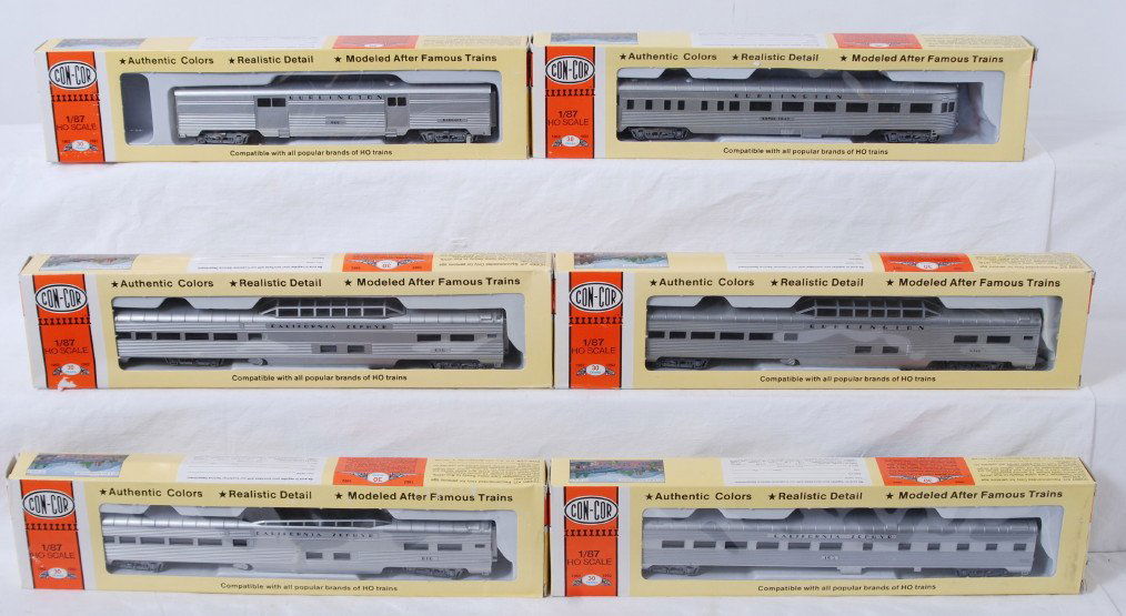 6 Con Cor Burlington passenger cars: Con Cor modern HO Burlington passenger cars in OBs. Six cars include 74102 baggage, 73102 observation, 00716 dome, 71102 dome, 00716 dome, and 00726 diner. Cars are C8. OBs have light corner and edge