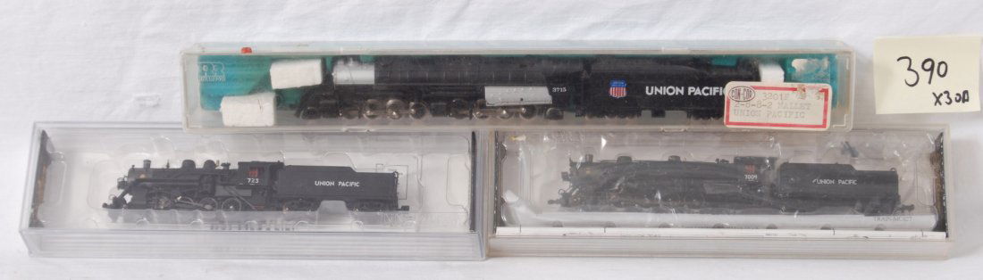 3 Union Pacific N scale locos, Big Boy, 4-8-2, etc: Modern N scale Union Pacific locomotives from Bachmann and Con Cor. Includes 3201F Con Cor 2-8-8-2 mallet, 81653 USRA 4-8-2 mountain, and 81169 2-8-0 consolidation. Locos are C8 with run time.