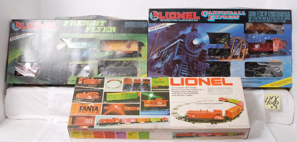 Lionel 1687, 1615, and 1463 freight sets in OB: Modern era Lionel O gauge 1687 Freight Flyer steam freight set, 1615 Cannonball Express steam freight set, and 1463 Coke diesel freight set, all in original boxes with components except 1463 is missin