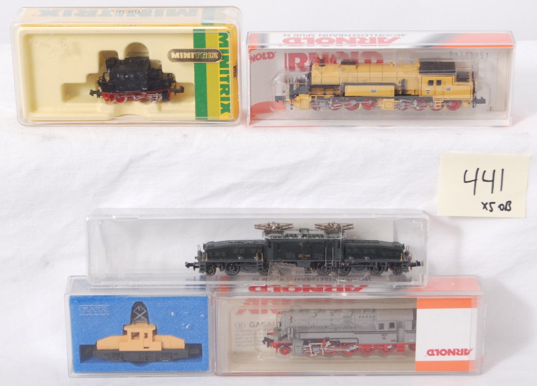 5 Minitrix, Kato, and Arnold European locomotives: Modern N scale European steam locomotive in OBs. Five locos include 12015 Minitrix, 2277 0-8-8-0 Arnold steam locomotive, Minitrix electric crocodile, Arnold 2296 2-10-2 steam locomotive and Kato 1350