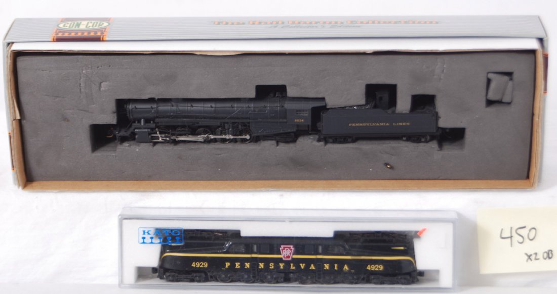 N scale Pennsylvania GG-1 and 2-10-2: Modern Pennsylvania N scale. Includes Kato 137-2012 GG-1 electric and Con Cor 0001-003921 2-10-2 steam locomotive. Locos are C8.