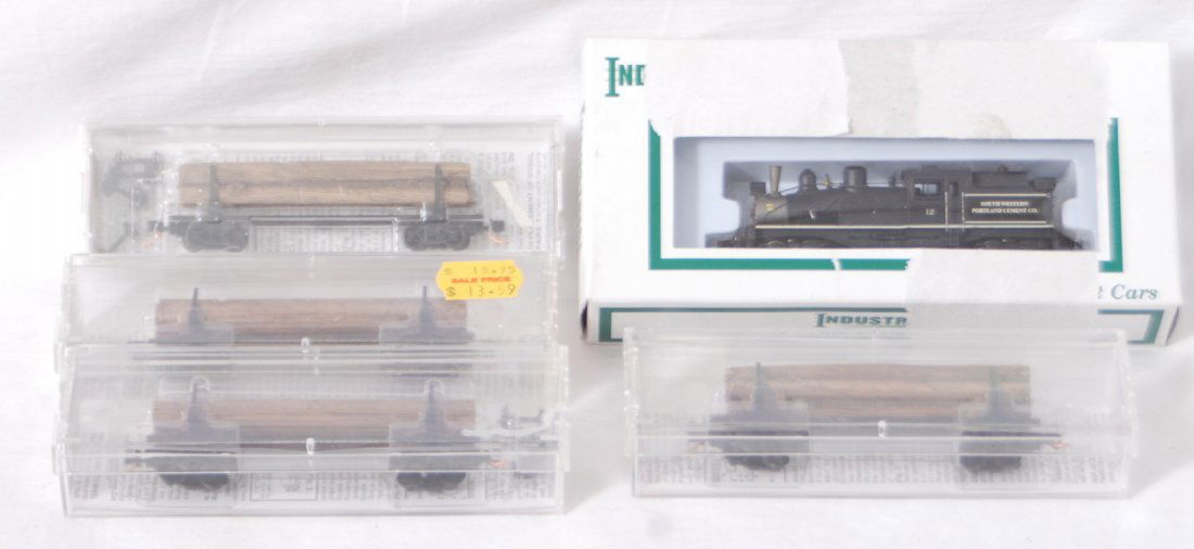 N scale shay and logging cars: N scale modern logging train. Includes Industrial Rail Southwestern Portland Cement shay and four 40Õ modern logging car. Loco box has heavy skinning. Cars and loco are C8.