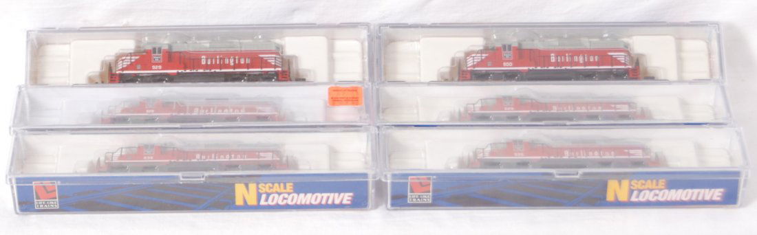 6 Life Like Burlington GP-20 diesel locomotives: Life Like modern N scale Burlington GP-20 diesel locomotives in OBs. Six locos include 7243, two 7244, two 7245, and 7777. Locos are C8-9.