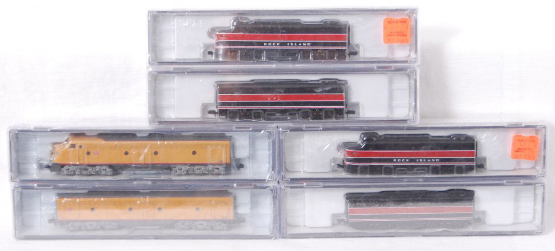 6 Life Like Rock Island FT and E8 locos: Life Like modern N scale Rock Island diesel locomotives in OBs. Includes 7836 E8/9 A-B pair, and two 7426 FT A-B pairs. C10.
