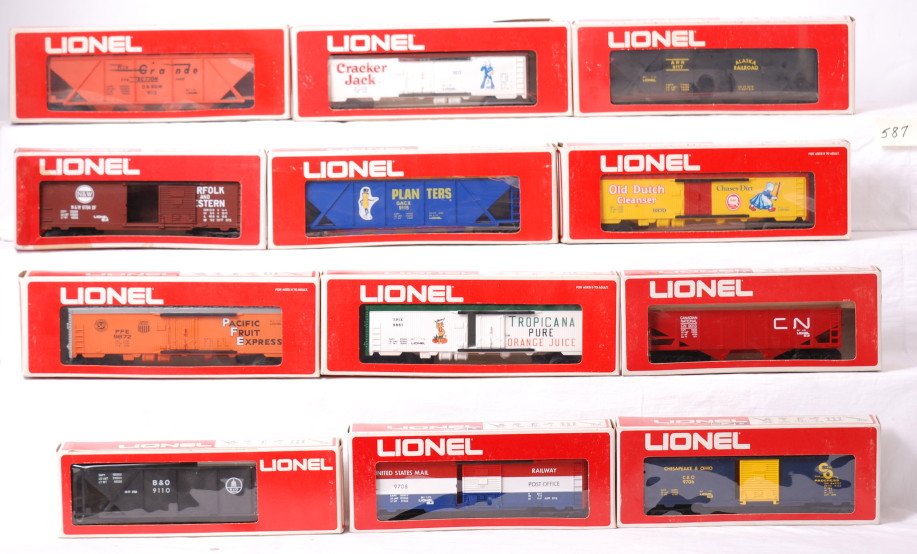 Lionel 9872, 9112, 9870, 9117, 9708, 9706, 9013...: Modern era Lionel O gauge freight cars in original boxes, 9872 PRE reefer, 9112 D&RGW covered long hopper, 9870 Dutch Cleanser reefer, 9117 Alaska hopper, 9708 RPO car, 9706 C&O boxcar, 9013 CN hopper