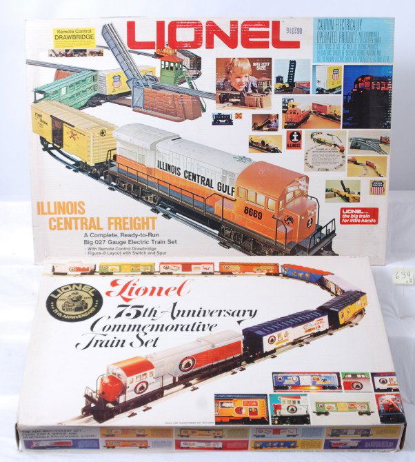 Lionel 1585 and 1664 freight set in factory sealed: Modern era Lionel O gauge 1585 75th Anniversary Commemorative Train set and 1664 Illinois Central freight set, in factory sealed original boxes, assumed C10. Boxes show a little very light shelf wear.