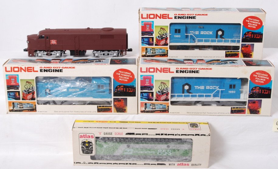 5 Lionel and Atlas diesel locomotives 8860, 8068, : Lionel and Atlas modern O gauge locomotives. Includes two 8068 The Rock LCCA GP-20 diesel locomotives, 8860 The Rock switcher, Atlas 6102 Burlington F-9, and dummy custom Rock Island loco, might be a 