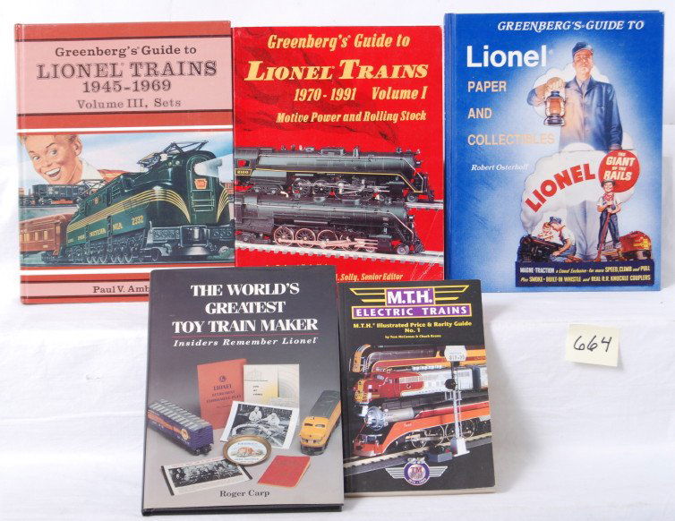 5 Lionel books, Carp, Ambrose, Osterhoff, etc: Five MTH and Lionel books. Include MTH price guide by McComas, The WorldÕs Greatest Toy Train Maker by Carp, GreenbergÕs Guide to Lionel Trains 1945-1969 Vol. III sets by Greenberg, Greenbergs Guide