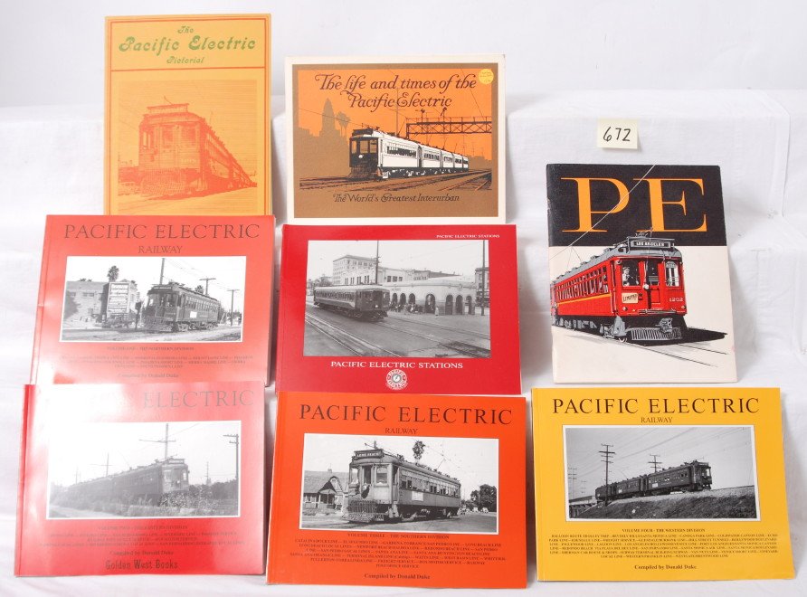 8 Pacific Electric books Duke, Erha, Moreau: Pacific Electric railroad books. Eight books include Pacific Electric Volumes I,II, III, and IIII by Dukr, Pacific Electric Pictorial by Moreau, Pacific Electric Stations by Erha, Pacific Electric Rai