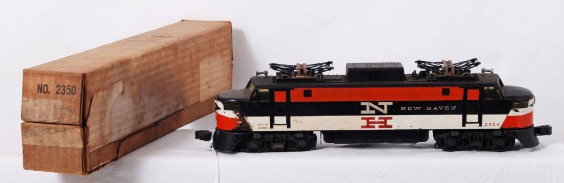 Lionel 2350 New Haven EP-5 electric loco in OB: Postwar Lionel O gauge 2350 New Haven EP-5 electric locomotive with decal nose, C6 noses, better sides. Nice looking. Box has apparent moisture contact, but is as square and solid as a Brick.