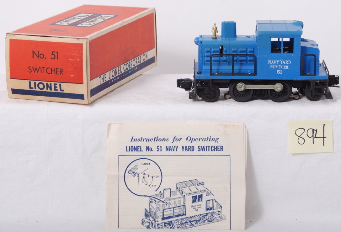 Lionel 51 Navy Yard industrial switcher in OB w/in: Postwar Lionel O gauge 51 Navy Yard industrial diesel switcher in original box with insert and original instructions sheet. Switcher looks C7, might clean better. Box is C9.