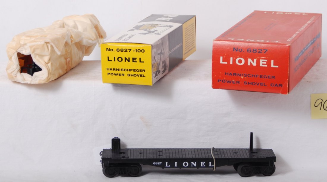 Lionel 6827 Harnischfeger power shovel car in OB: Postwar Lionel O gauge 6827 Harnischfeger power shovel car and 6827-100 power shovel in original boxes. Shovel looks C9, flatcar is unrun with glue repaired step. 6827-100 OB looks C9-10. 6827 OB look