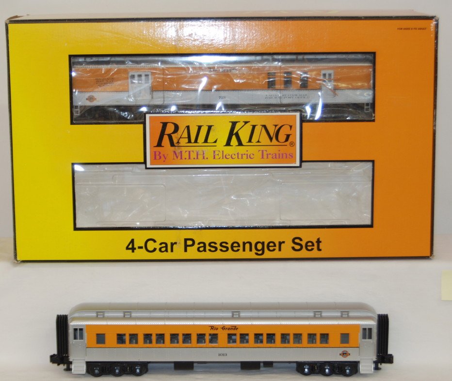 Railking Rio Grande Madison passenger set: MTH Railking modern O gauge 30-6943 Rio Grande four car Madison passenger set in OB. Set is C8 with run time. OB has light wear.