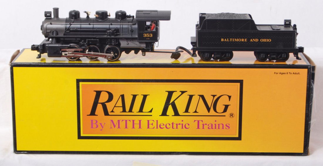 Railking Baltimore and Ohio 0-6-0 with Proto 2: MTH Railking modern O gauge 30-1272-1 Baltimore and Ohio 0-6-0 steam locomotive in OB. Loco features Protosound 2.0, DCS control, Protosmoke, Protocoupler, and more. Loco is C8 with run time.