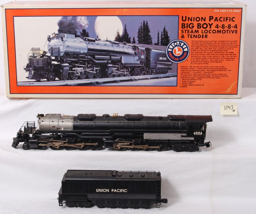 Lionel 28029 Union Pacific Big Boy: Lionel modern O gauge 28029 Union Pacific Big Boy steam locomotive in OB. Loco features TMCC, Railsounds, Electrocoupler, fan driven smoke unit and much more. Loco is C8 with run time. Loco box has so