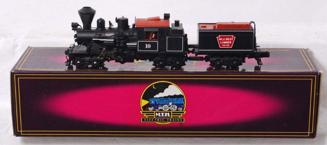 MTH Hillcrest climax with Proto 2: MTH modern O gauge 20-3039-1 Hillcrest Lumber Co. climax steam locomotive in OB. Loco features Protosound 2.0, DCS control, Protosmoke, Protocoupler, and more. Loco is C8 with run time.