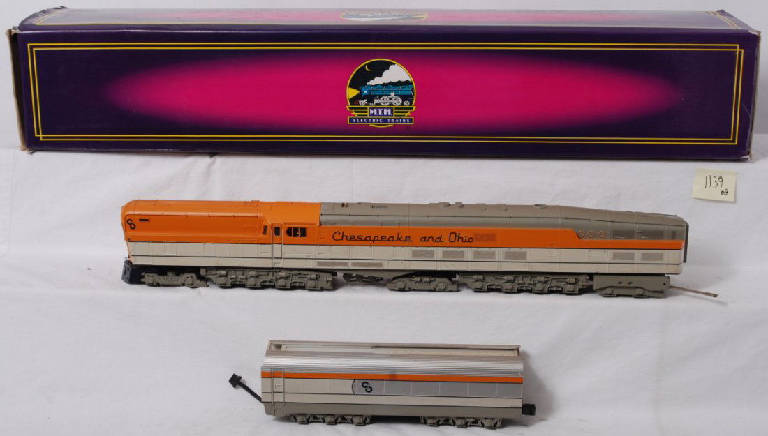 MTH Chesapeake and Ohio M-1 Turbine with Proto: MTH modern O gauge 20-3042-1 Chesapeake and Ohio M-1 turbine in OB. Loco features Protosound, Protosmoke, Protocoupler, and more. Loco is C7-8 with some discoloration from smoke, will clean. OB has so