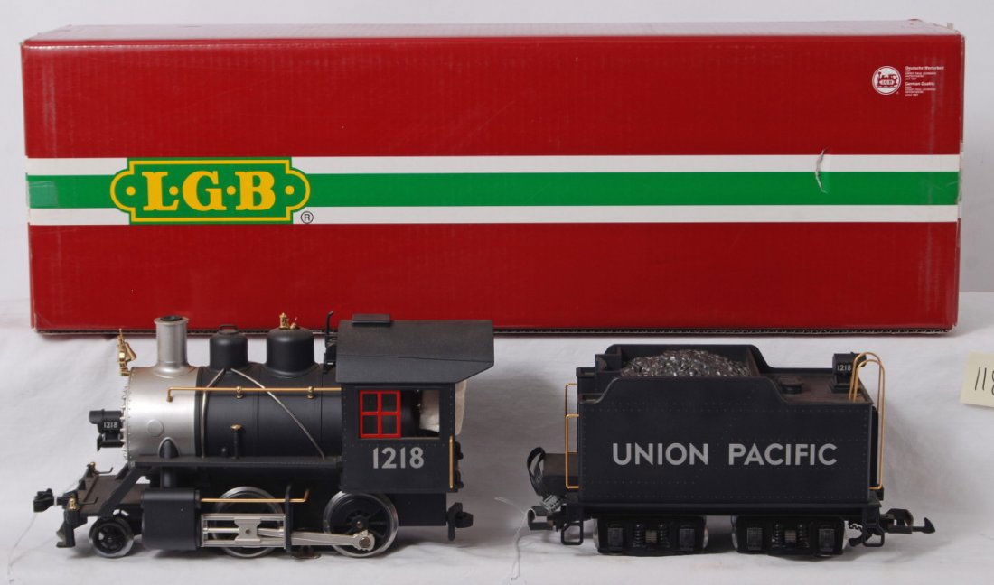 LGB 20232 Union Pacific 1218 steam 2-4-0 in OB: Modern era LGB G scale 20232 Union Pacific 1218 steam 2-4-0 locomotive in original box, C8. Box show a little very light shelf wear.