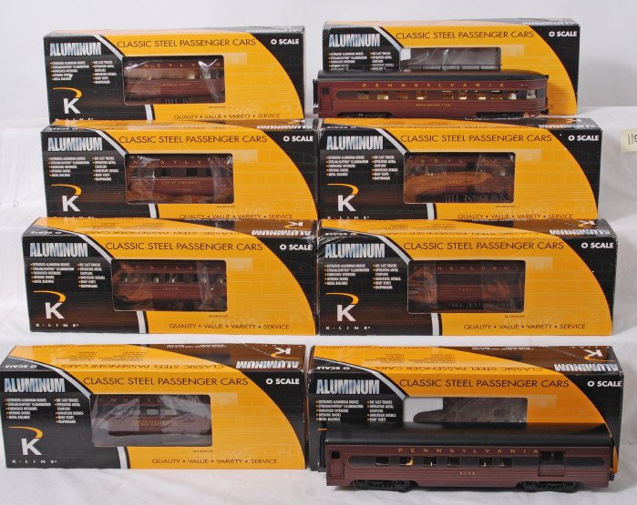 8 K-Line Fleet of Modernism PRR Pass Cars: K Line modern O gauge K-4680D and K-4680E Fleet of Modernism Pennsylvania aluminum passenger cars including; K4680-10001 Imperial Point sleeper, K4680-10002 City of Cincinnati sleeper, K4680-10003 Uni