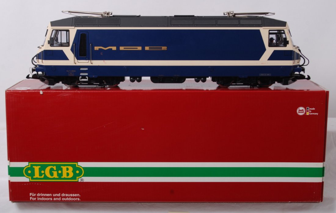 LGB 20420 MOB electric locomotive in OB: Modern era LGB G scale 20420 MOB electric locomotive in original box, C8. Box shows little wear.