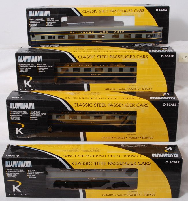 4 K Line 21 inch Baltimore and Ohio aluminum pass: K Line modern O gauge Baltimore and Ohio aluminum 21 inch passenger cars in OBs. Set number is K-4610A. Includes baggage, coach, diner, and observation. Cars are C8 with run time.