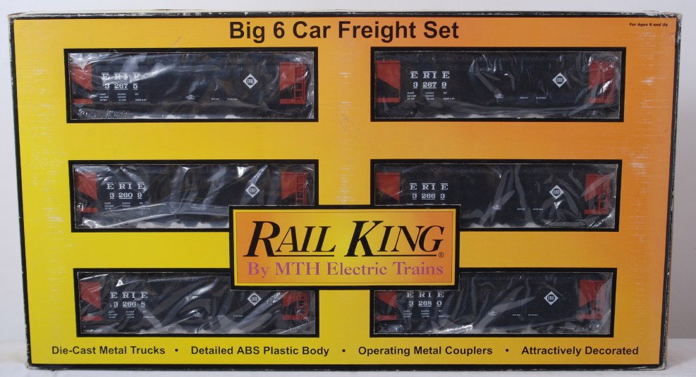 Railking Erie six car hopper set: MTH Railking modern O gauge 30-7022 Erie four bay hopper six pack in OB. Cars are C8, OB has shelf wear and some light skinning.