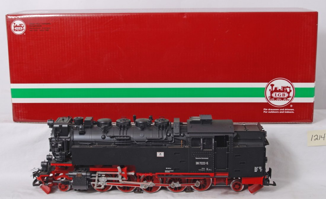 LGB 21812 Deutsche Reichsbahn 997222-5 in OB: Modern era LGB G scale Deutsche Reichsbahn 997222-5 steam locomotive in original missing one head light lens, O/W C8. Box shows little wear.