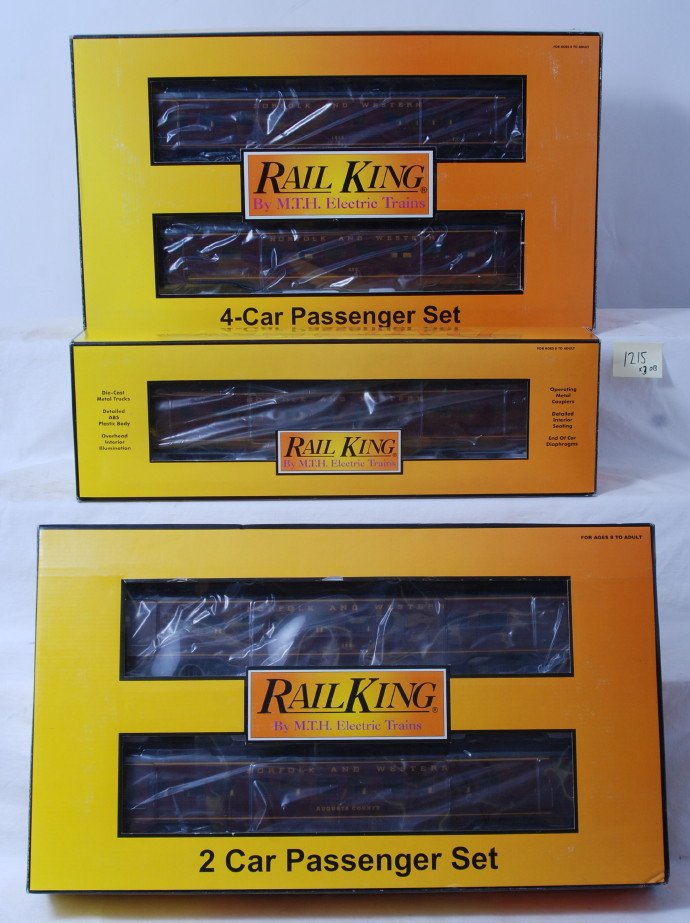 Railking Norfolk and Western seven car passenger : MTH Railking modern O gauge Norfolk and Western seven car passenger set in OB. Includes 30-67418 four car set and 67419 two car sleeper / diner add on. Also 67430 coach car. Cars are C8 with run time.
