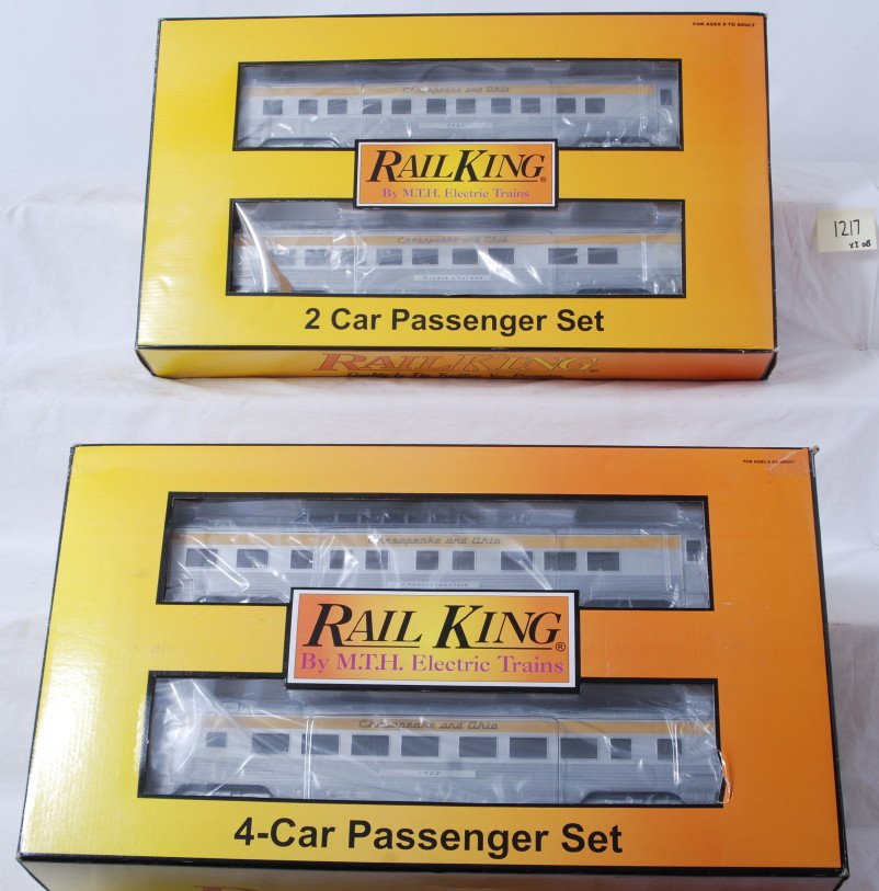 Railking Chesapeake and Ohio six car passenger se: MTH Railking modern O gauge Chesapeake and Ohio six car passenger set in OB. Includes 30-67308 four car set and 67309 two car sleeper / diner add on. Cars are C8 with run time. Set boxes have some lig