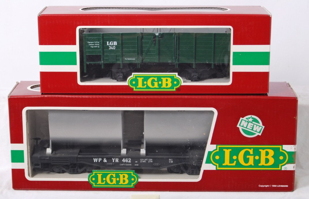 LGB 41210 and 4086 European freight cars in OB: Modern era LGB G scale 41210 and 4086 European freight cars in original boxes, C8. Boxes show little wear.