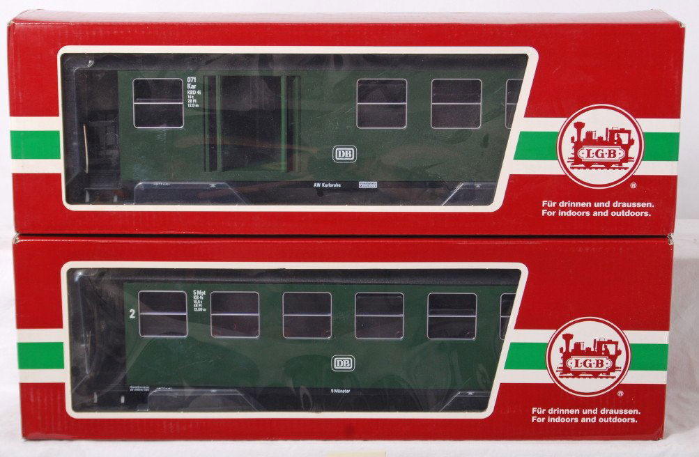 LGB 30700 and 30710 DB passenger cars in OB: Modern era LGB G scale 30700 and 30710 DB passenger cars in original boxes, trains looks unrun C9-10. Boxes show little if any wear.