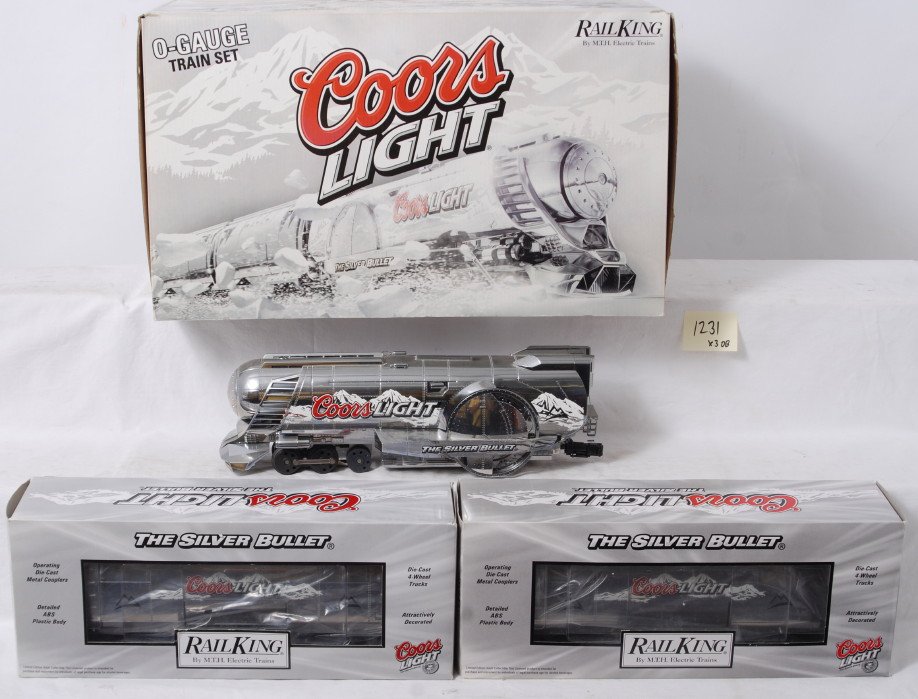 Railking Coors Light silver bullet set and add on: MTH Railking modern O gauge Coors Light silver bullet set in OB. Catalog number is 30-1433-1. Set features Protosound 2.0, DCS control, smoke and much more. Set is C8 condition with run time. OB has l
