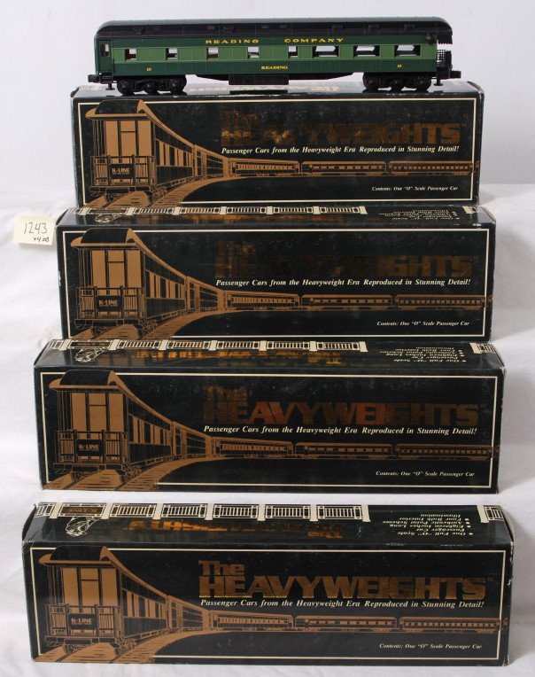 4 K Line Reading heavy weight passenger cars: K Line modern O gauge Reading heavyweight passenger cars in OBs. Four cars include K4481-1290 coach, 0010 observation, 1187 diner, and 1731 baggage. Cars are C8+ with very light run time. OBs have lig
