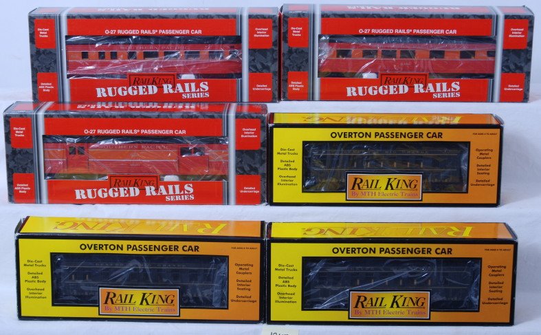 6 Railking passenger cars Southern Pacific / Rio: MTH Railking modern O gauge passenger cars in OBs. Six cars total. Southern Pacific cars include 4039 B,C, and D. Rio Grande cars include 6416 B, C, and D. Cars are C8 with run time. OBs have light co