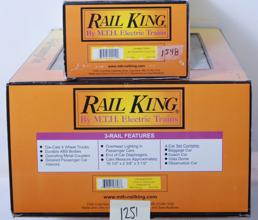 Railking Canadian Pacific passenger set: MTH Railking modern O gauge Canadian Pacific passenger set in OB. Catalog number is 30-67340 four car set and 67230 add on coach. Cars are C8. OBs have light corner and edge wear.