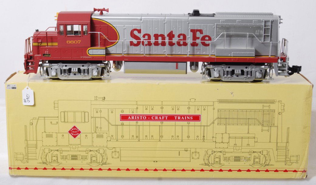 Aristo Craft G scale ATSF GE U25-B passenger in O: Modern era Aristo Craft Trains G scale/Gauge 1 ART-22110 ATSF Santa Fe GE U25-B 6607 diesel passenger locomotive in original box, C7-8. Box shows a little very light wear, clear packing tape.