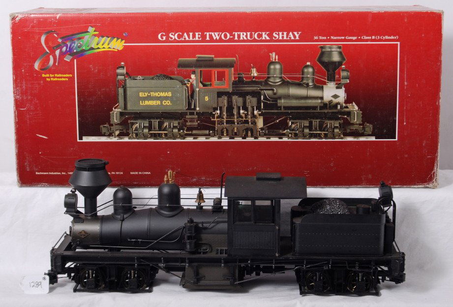 Bachmann Spectrum 81199 36 ton 2 truck Shay in OB: Modern era Bachmann Spectrum G scale/Gauge 1 81199 36 ton undecorated 2 truck Shay steam locomotive in OB, loose and broken trim, otherwise C7-8. Box shows mild wear.