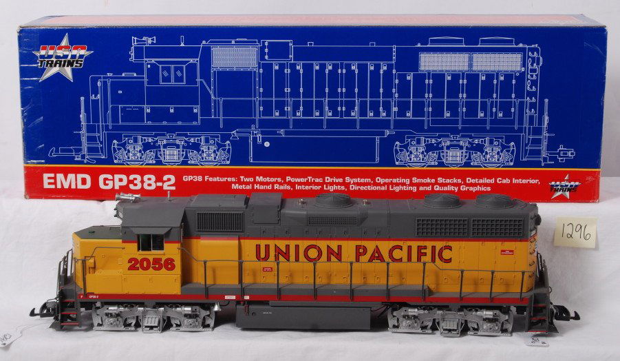 USA Trains R22206 U.P. GP38-2 #2056 diesel loco i: Modern era USA Trains G scale/Gauge 1 R22206 Union Pacific GP38-2 diesel locomotive No. 2056 in original box, glue marks on pilot trim, otherwise should clean C8. Box shows light wear.