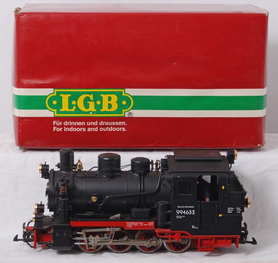 LGB 28001 steam locomotive in OB: Modern era LGB G scale/Gauge 1 28001 steam locomotive in original box, C7-8. Box shows moderate wear.