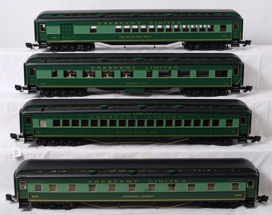 Four Aristo Craft Crescent Limited passenger cars: Modern era Aristo Craft Trains G scale/Gauge 1 Crescent Limited passenger cars, C7-8. Paul William ÒBearÓ Bryant 1705 combine, 1505 dining car, 1305 William Rufus King coach, and 1805 Stonewall Jack